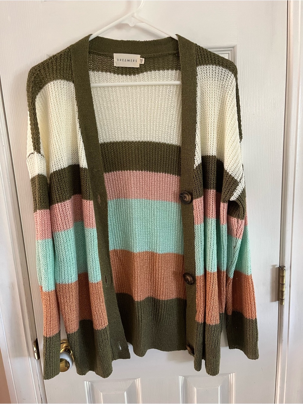 Dreamers Olive Striped Open-Front Cardigan with Cream, Pink & Mint